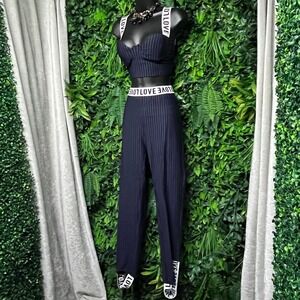 Clara Story Navy stripe LOVE Graphic 2‎ Piece Set Bustier & Stirrup Pants M 3653